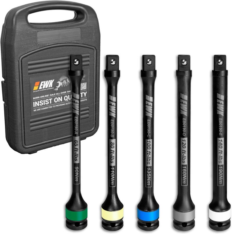 EWK 5 Pcs 1/2" Impact Torque Limiting Extension Bar Set, 65ft-lb, 80ft-lb, 100ft-lb, 120ft-lb, and 140ft-lb, High Precision Torque Limiting Stick Set with 8 Inches Long - Image 1